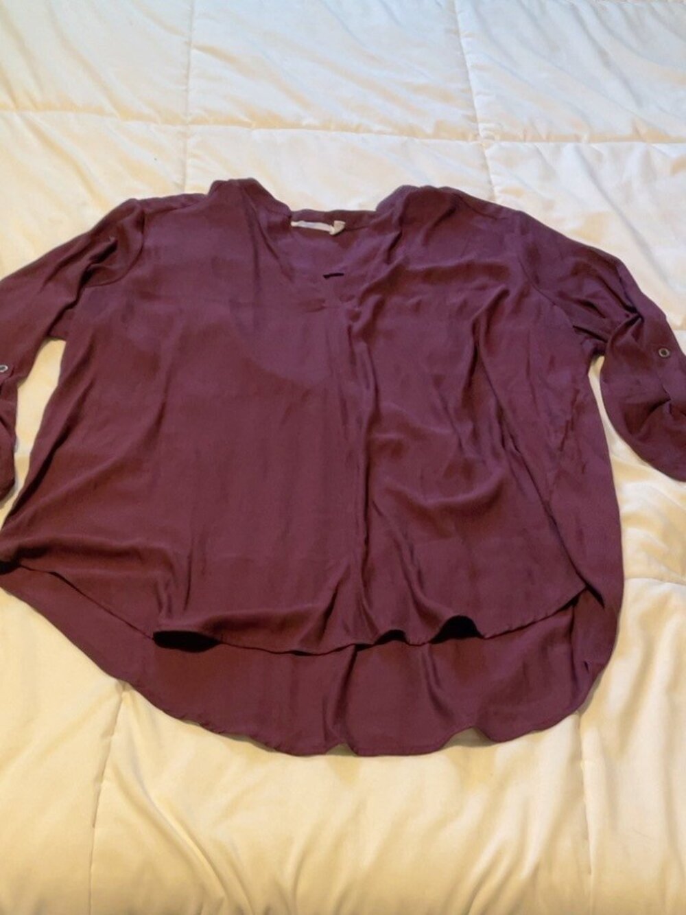 Lush Burgundy Sheer Roll Tab Sleeve High Low Blouse Size XL